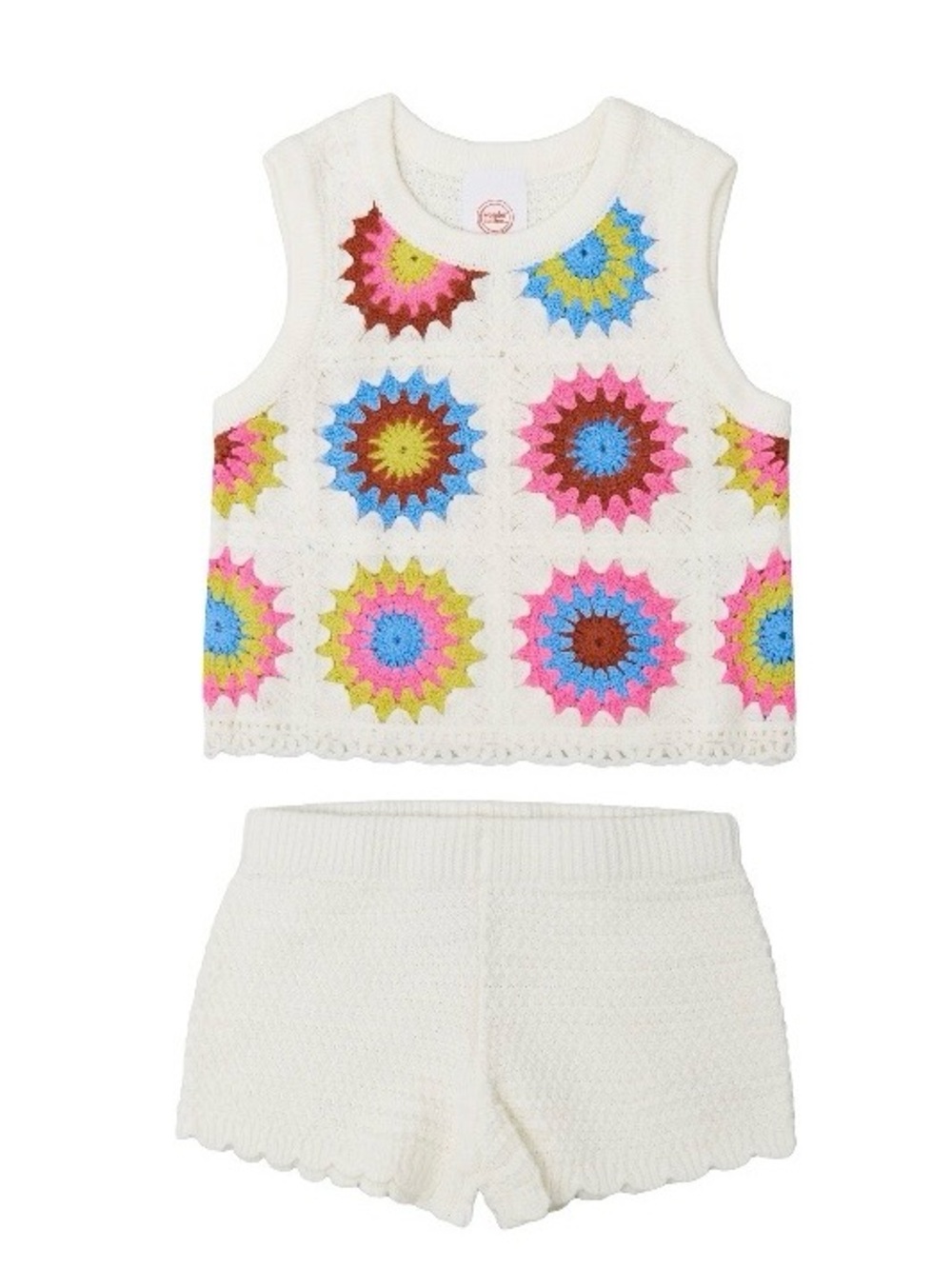 NWT Girls (3T) Crochet Tank & Shorts Set with Cream/Pink/Blue/Yellow Accents